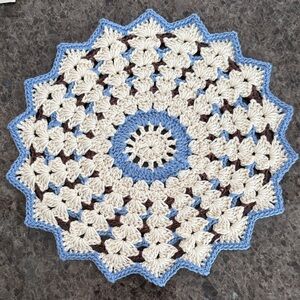 Crochet Doily / Placemat / Trivet in Cream, Blue & Brown - 100% Cotton - 13”